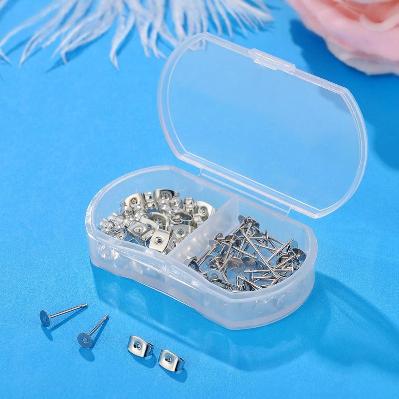 Formulen 100pcs Hypoallergenic Stainless Steel Earrings Posts Flat Pad Blank Earring Pin Studs with Butterfly Earring Backs for Jewelry Making Findings (4mm) - Image 2